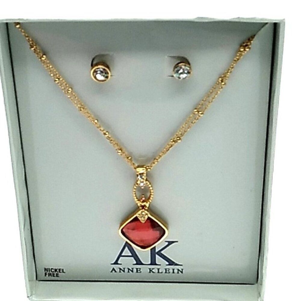 Anne Klein Garnet Crystal Rhinestone Gold-tone Necklace & Clear Crystal Earrings